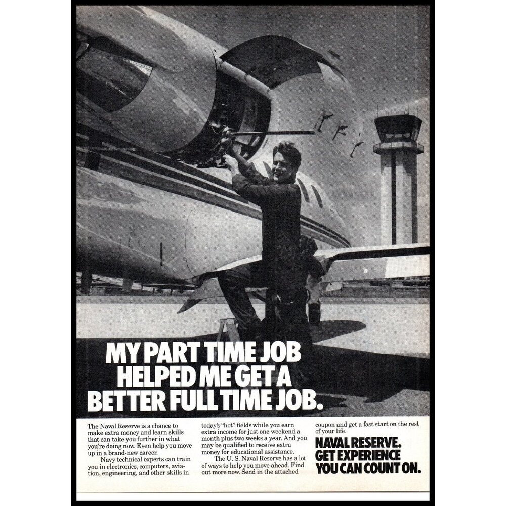 1985 US Navy Reserve Recruiter Recruiting Vintage Print Ad Airport 80s Wall Art